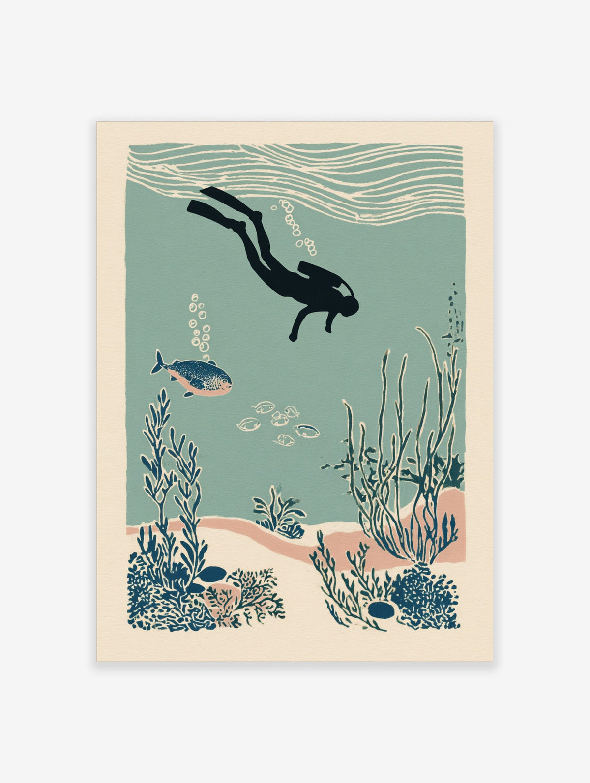 Illustrative scuba diver exploring an underwater coral reef with fish and seaweed in teal and blue tones