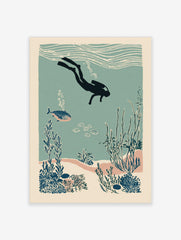 Illustrative scuba diver exploring an underwater coral reef with fish and seaweed in teal and blue tones