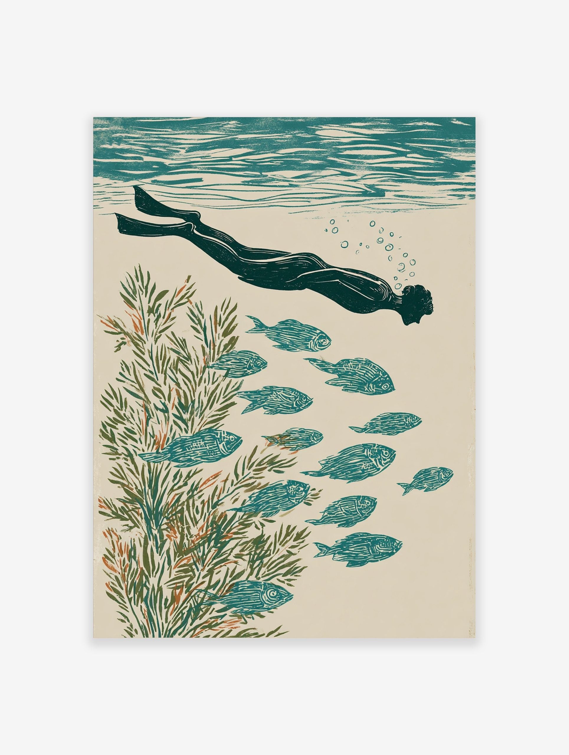 Illustrative print of an underwater swimmer with fins, school of fish, and green seaweed in teal and beige