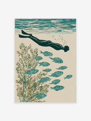 Illustrative print of an underwater swimmer with fins, school of fish, and green seaweed in teal and beige