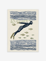 Illustrative print of an underwater swimmer in a dark blue suit and flippers, surrounded by olive green fish