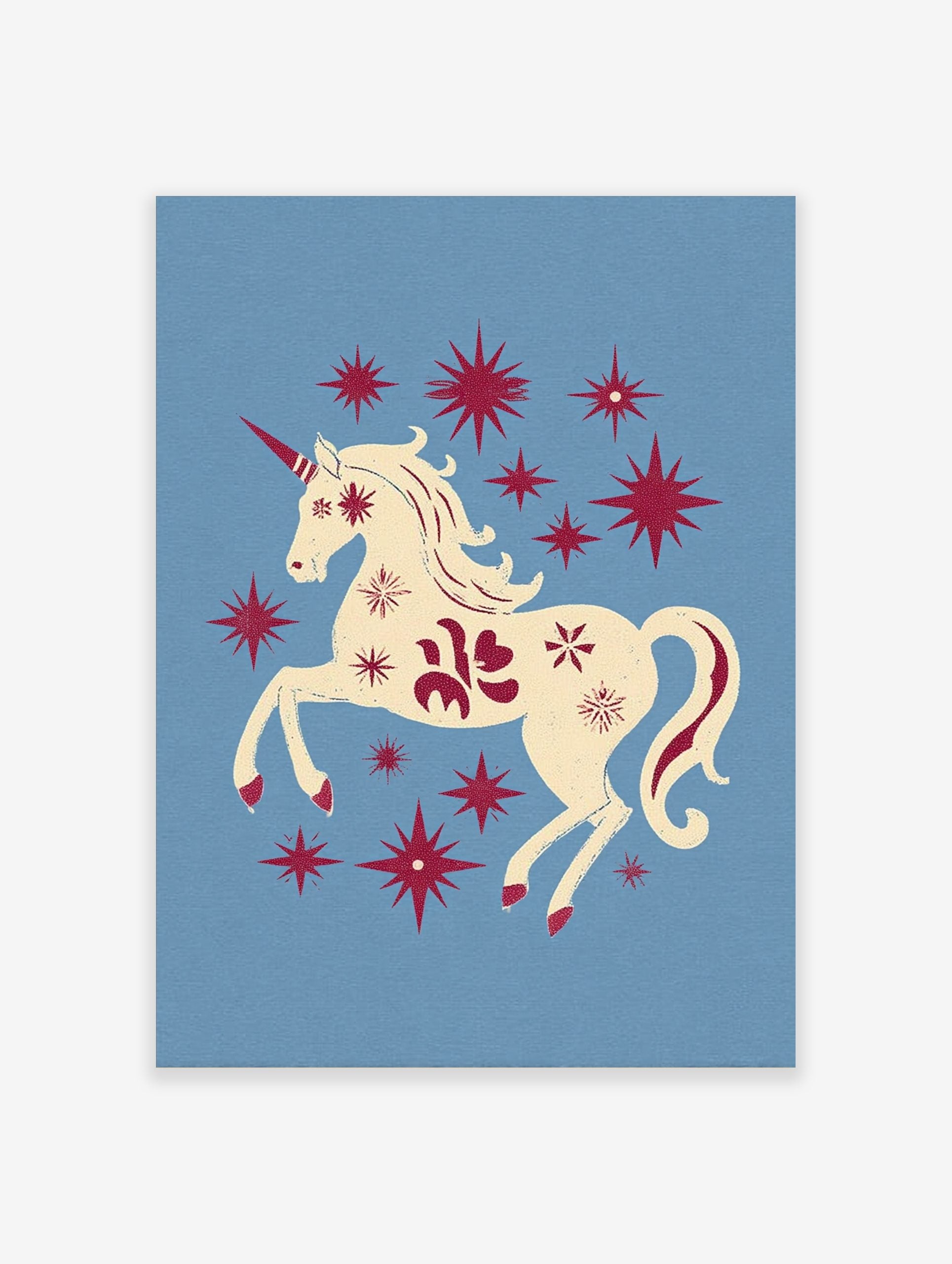 Cream unicorn with red horn and mane prancing among red stars on a light blue background, illustrative style