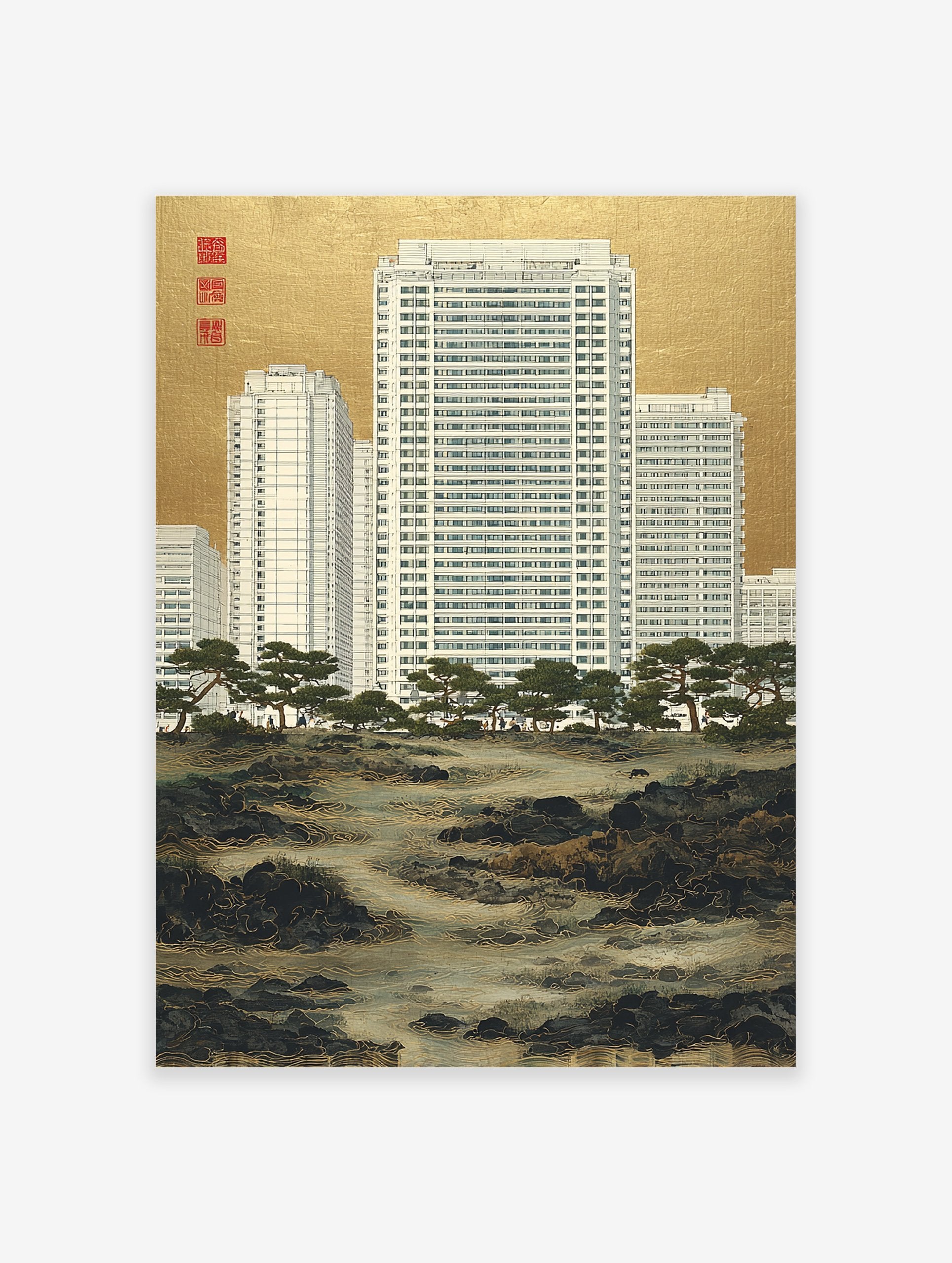 Urban Landscape Art print showing modern white high-rise buildings behind traditional Japanese pine trees and a rocky river, with a gold background.