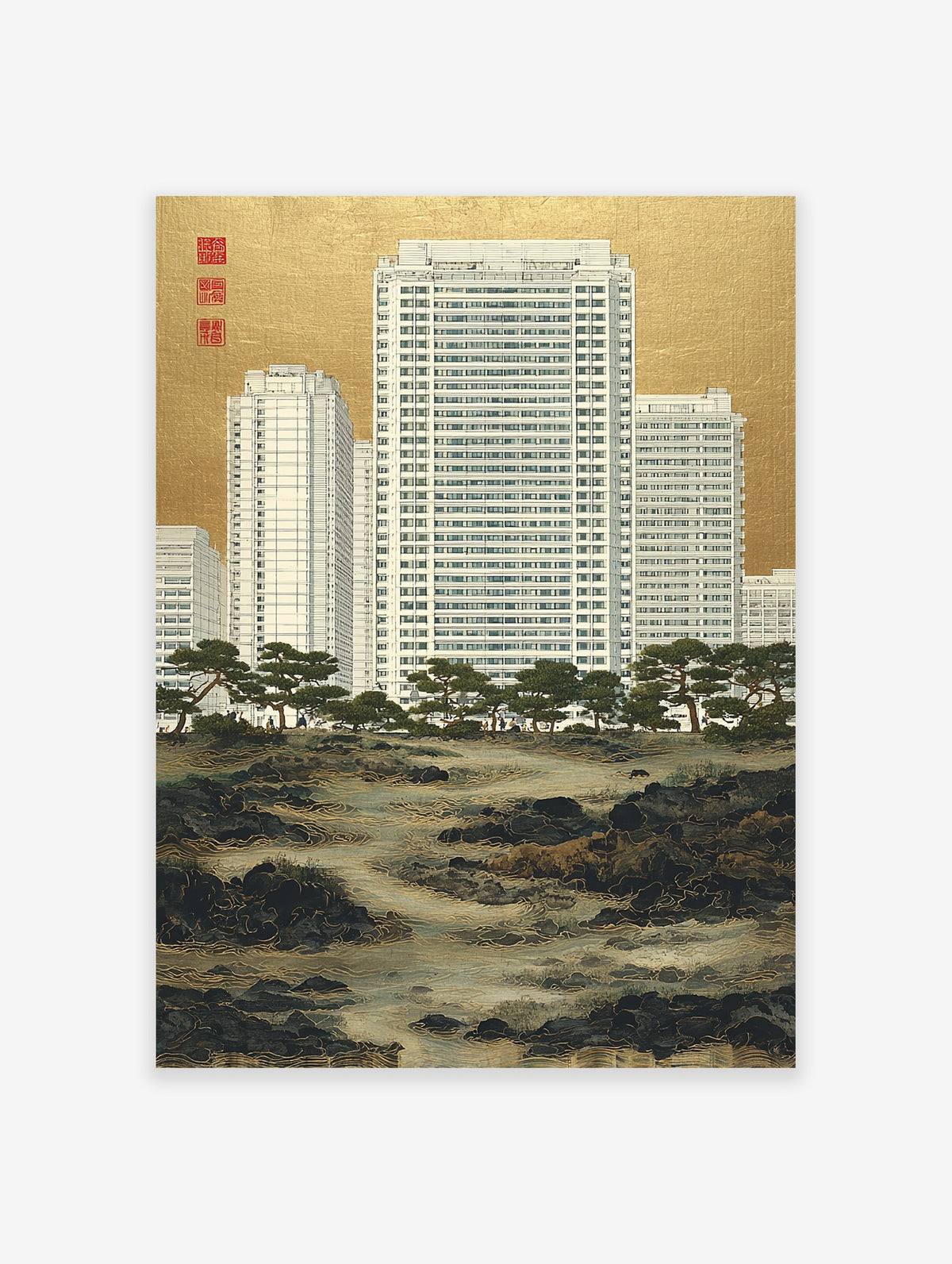 Urban Landscape Art print showing modern white high-rise buildings behind traditional Japanese pine trees and a rocky river, with a gold background.
