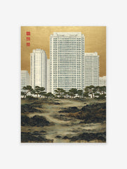 Urban Landscape Art print showing modern white high-rise buildings behind traditional Japanese pine trees and a rocky river, with a gold background.