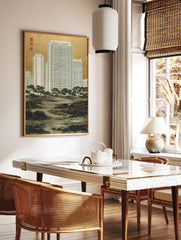 Urban Landscape Art print showing modern white high-rise buildings behind traditional Japanese pine trees and a rocky river, with a gold background. - Image 2