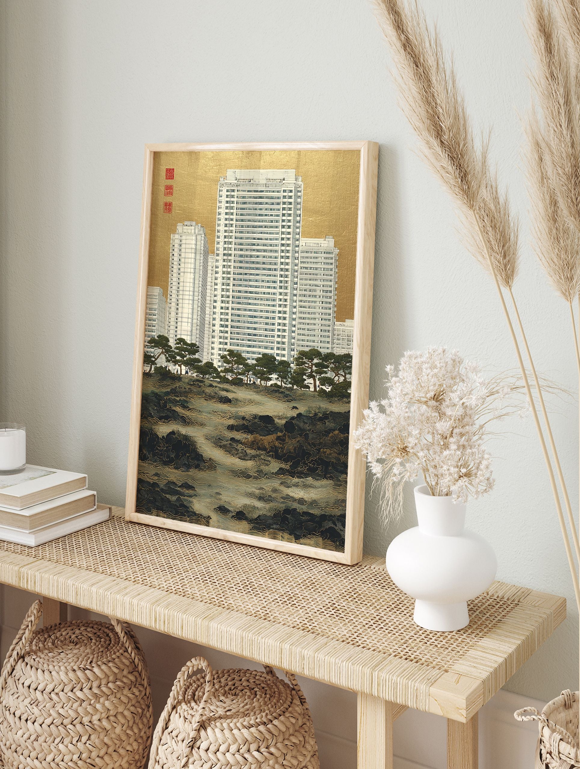 Urban Landscape Art print showing modern white high-rise buildings behind traditional Japanese pine trees and a rocky river, with a gold background. - Image 3