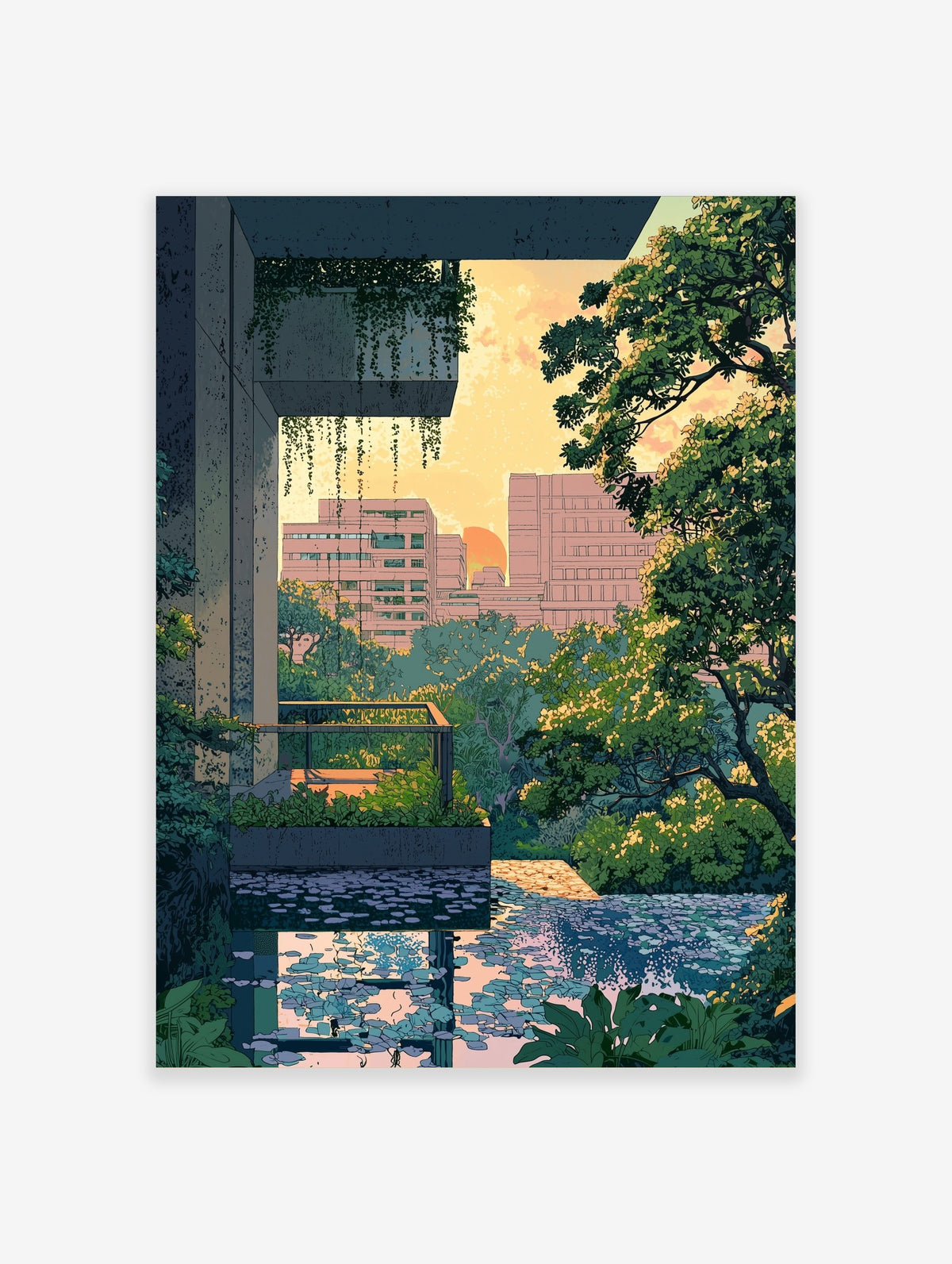 Urban oasis cityscape print with green foliage, modern buildings, and reflective pool at sunset