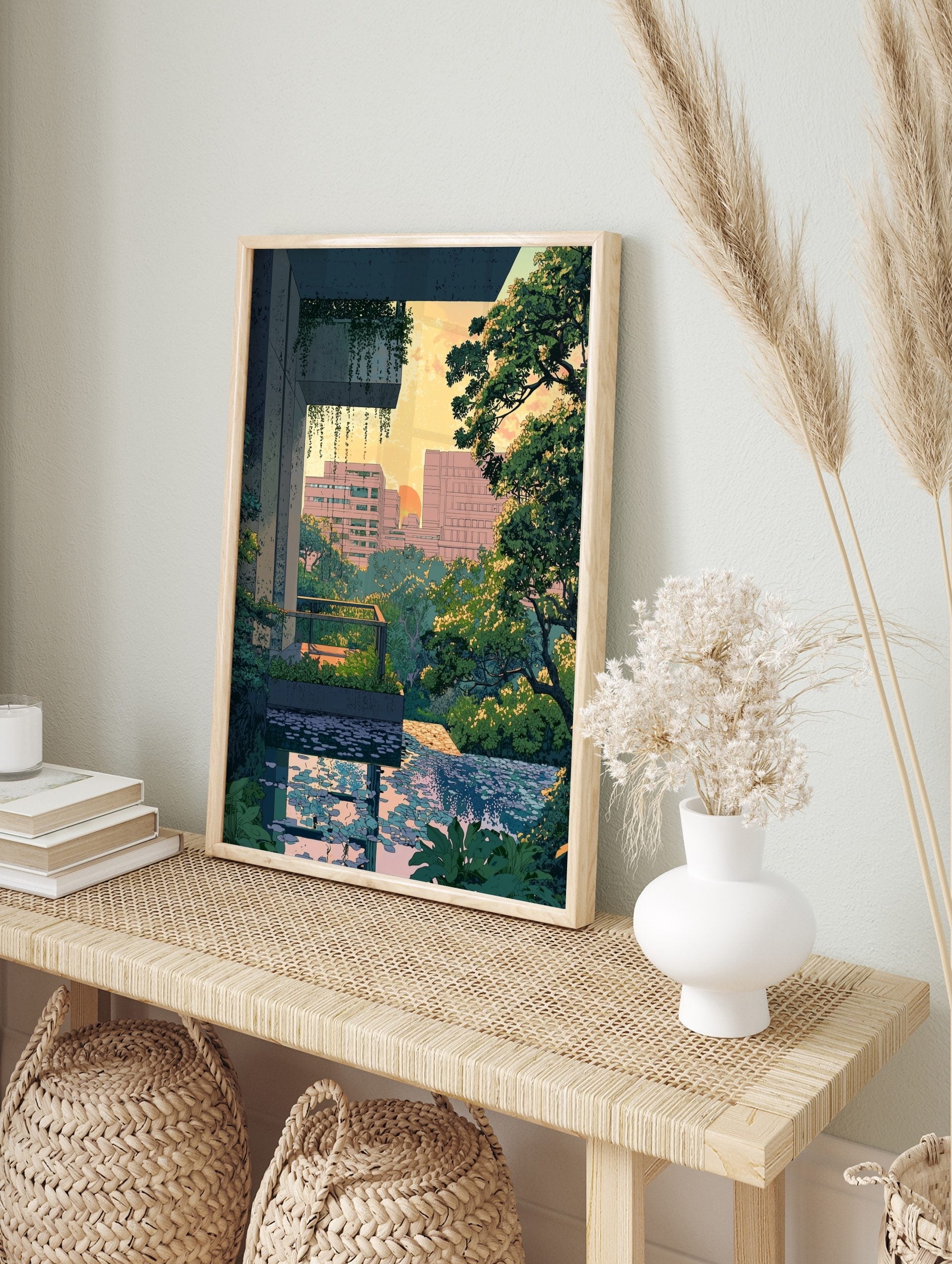 Urban oasis cityscape print with green foliage, modern buildings, and reflective pool at, in an alternate framed mockup