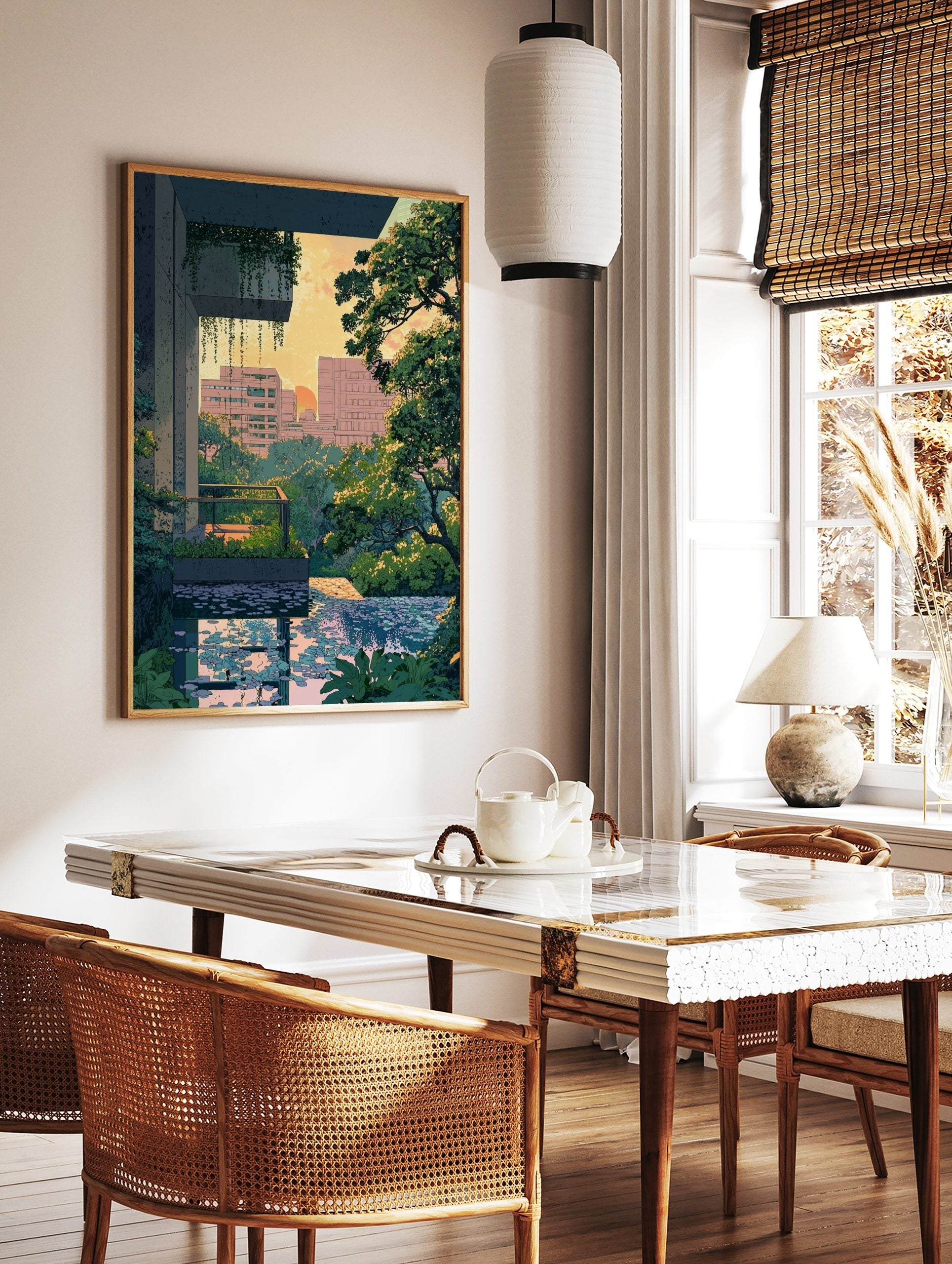 Urban oasis cityscape print with green foliage, modern buildings, and reflective pool at sunset, in a styled room mockup