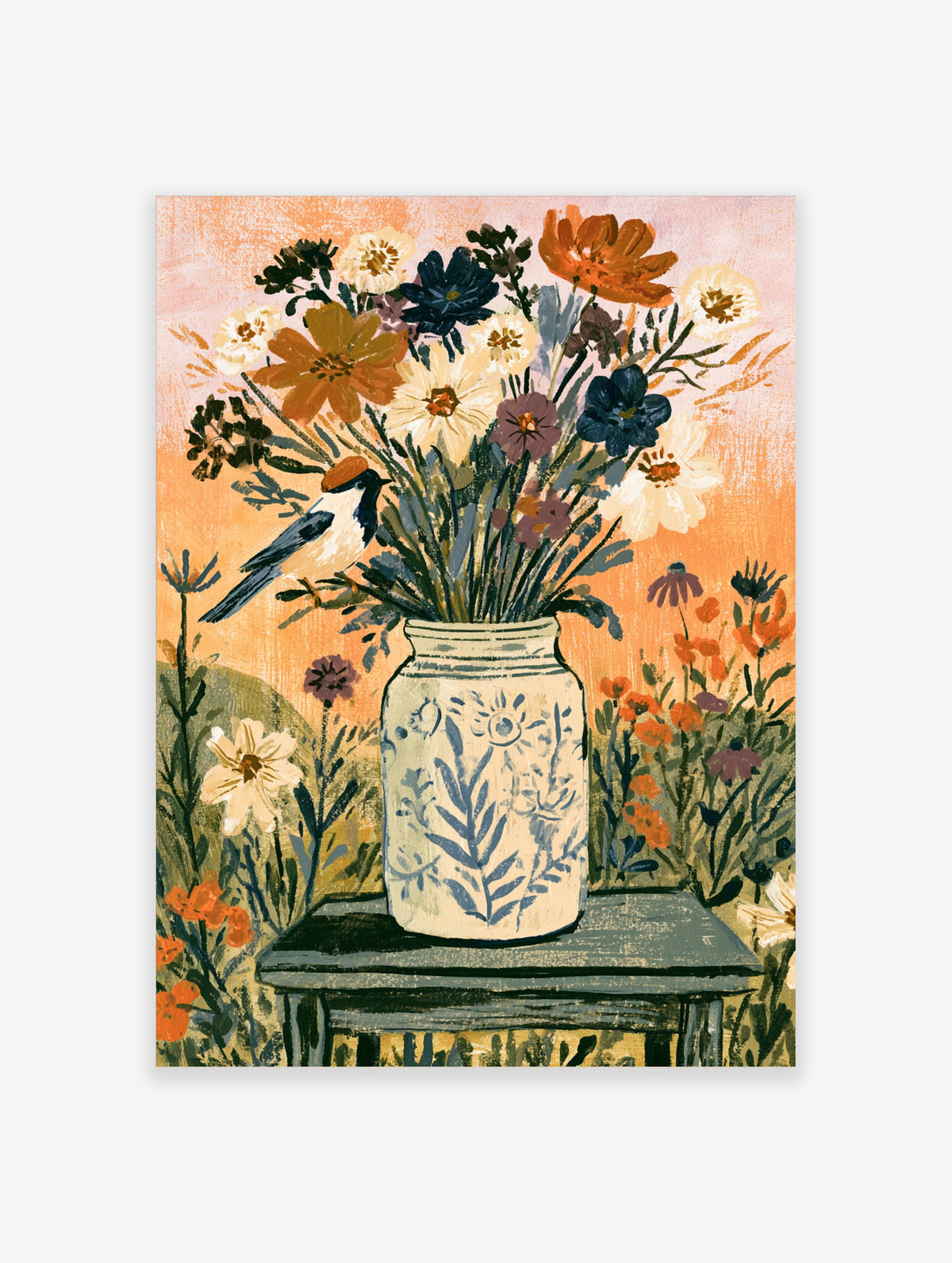 Vase of wildflowers poster with a blue and white jar, orange and navy flowers, and a perched bird on a wooden table