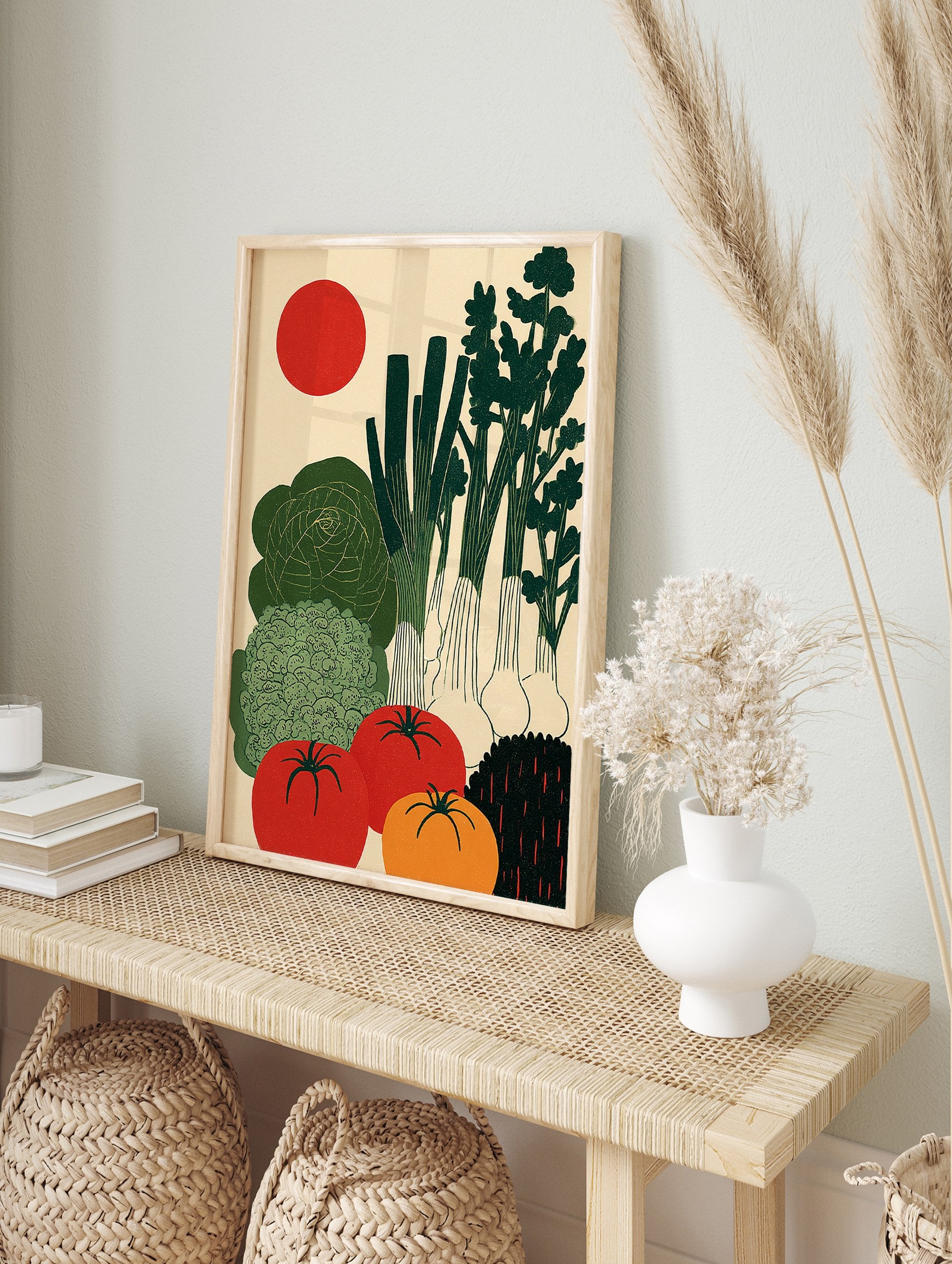 Stylized vegetable art poster with green cabbage, broccoli, spring onions, red and orange tomatoes, and a red sun. - Image 4