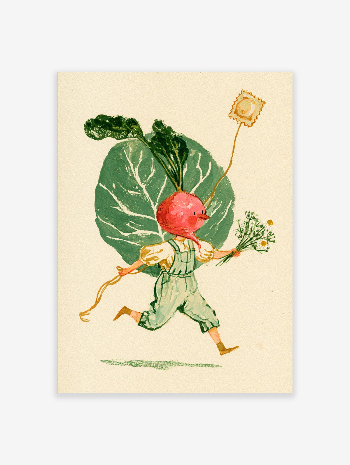 Whimsical radish character in green overalls running with a leaf and flowers illustration print