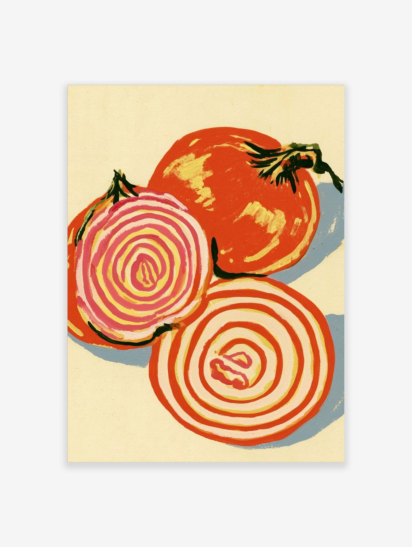 Vibrant illustrative art print of tomato and onion cross-sections with spiral patterns in orange, red, and pink