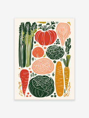 A modern illustrative poster of various colorful vegetables including carrots, cabbage, pumpkin, and celery on a light background.