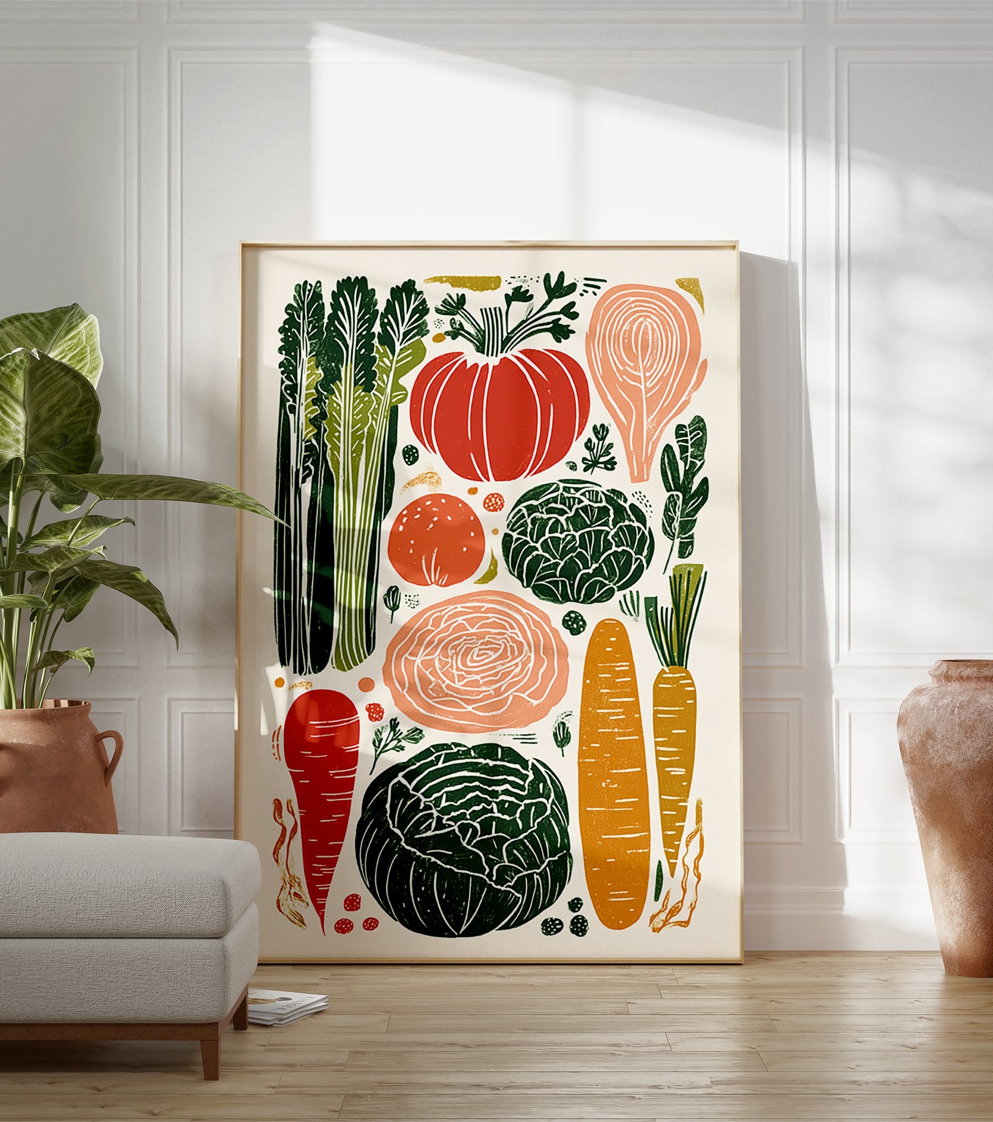 A modern illustrative poster of various colorful vegetables including carrots, cabbage, pumpkin, and celery on a light background. - Image 3