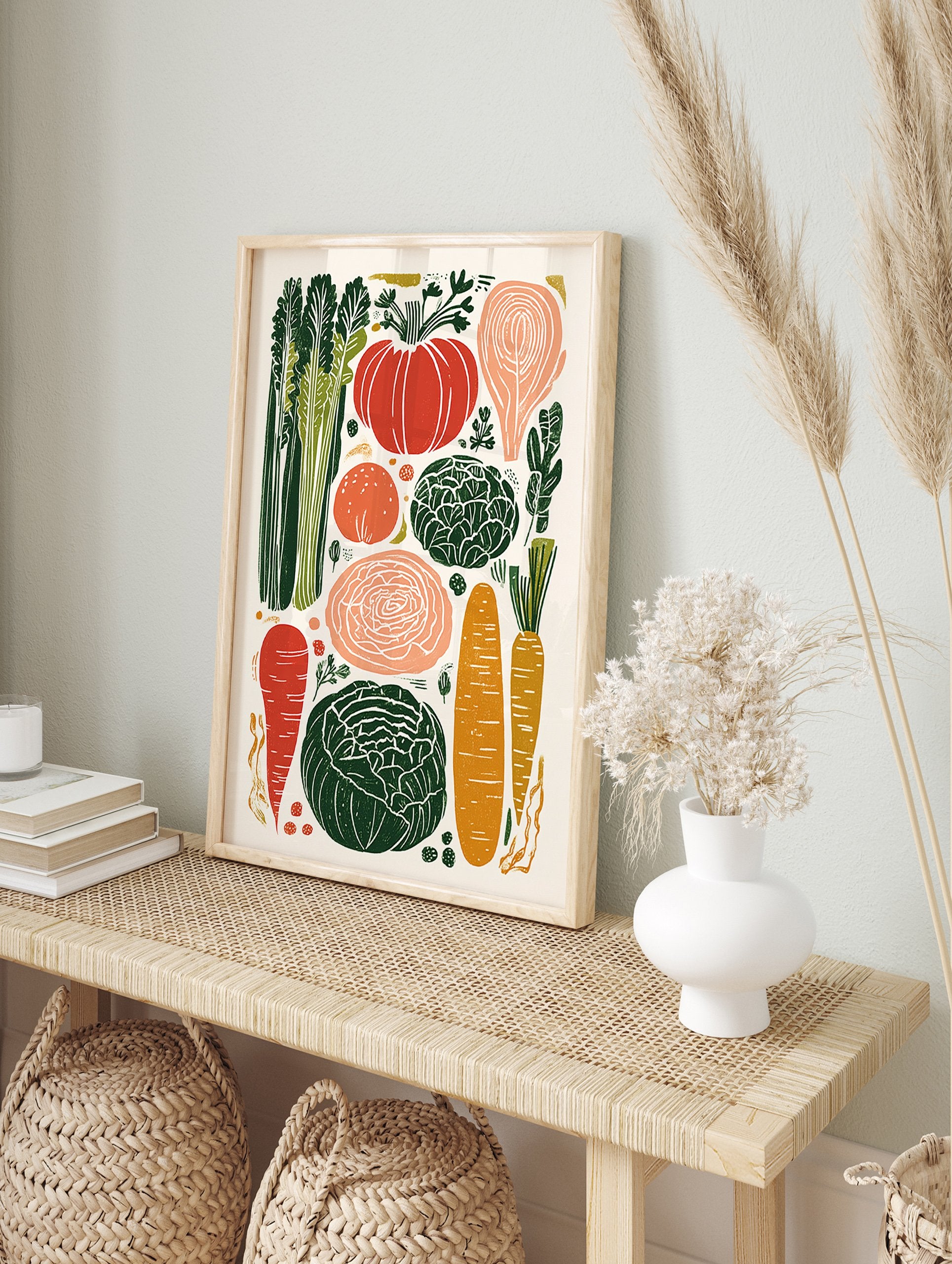 A modern illustrative poster of various colorful vegetables including carrots, cabbage, pumpkin, and celery on a light background. - Image 4