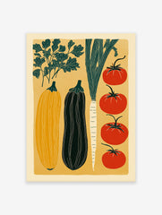 Modern vegetable art print poster featuring illustrations of tomatoes, squash, eggplant, and greens on a yellow background.