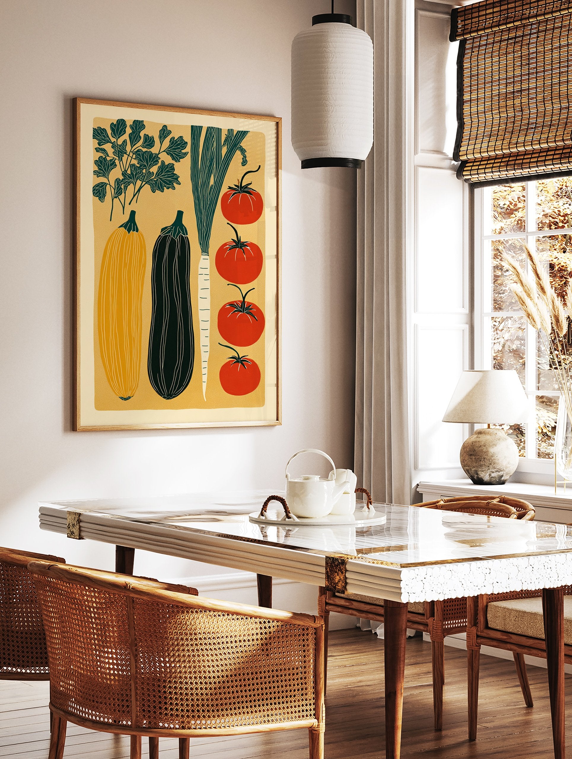 Modern vegetable art print poster featuring illustrations of tomatoes, squash, eggplant, and greens on a yellow background. - Image 2
