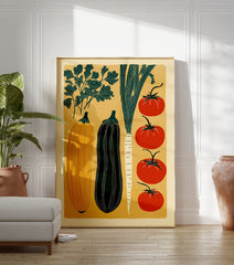 Modern vegetable art print poster featuring illustrations of tomatoes, squash, eggplant, and greens on a yellow background. - Image 3