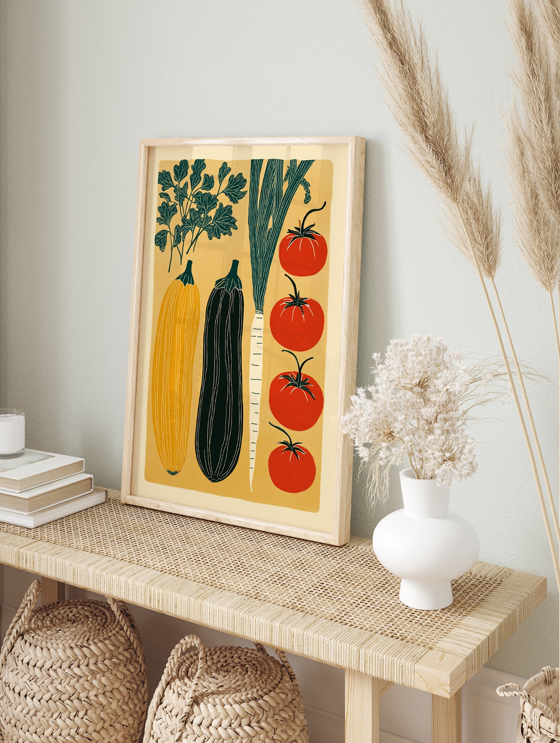 Modern vegetable art print poster featuring illustrations of tomatoes, squash, eggplant, and greens on a yellow background. - Image 4