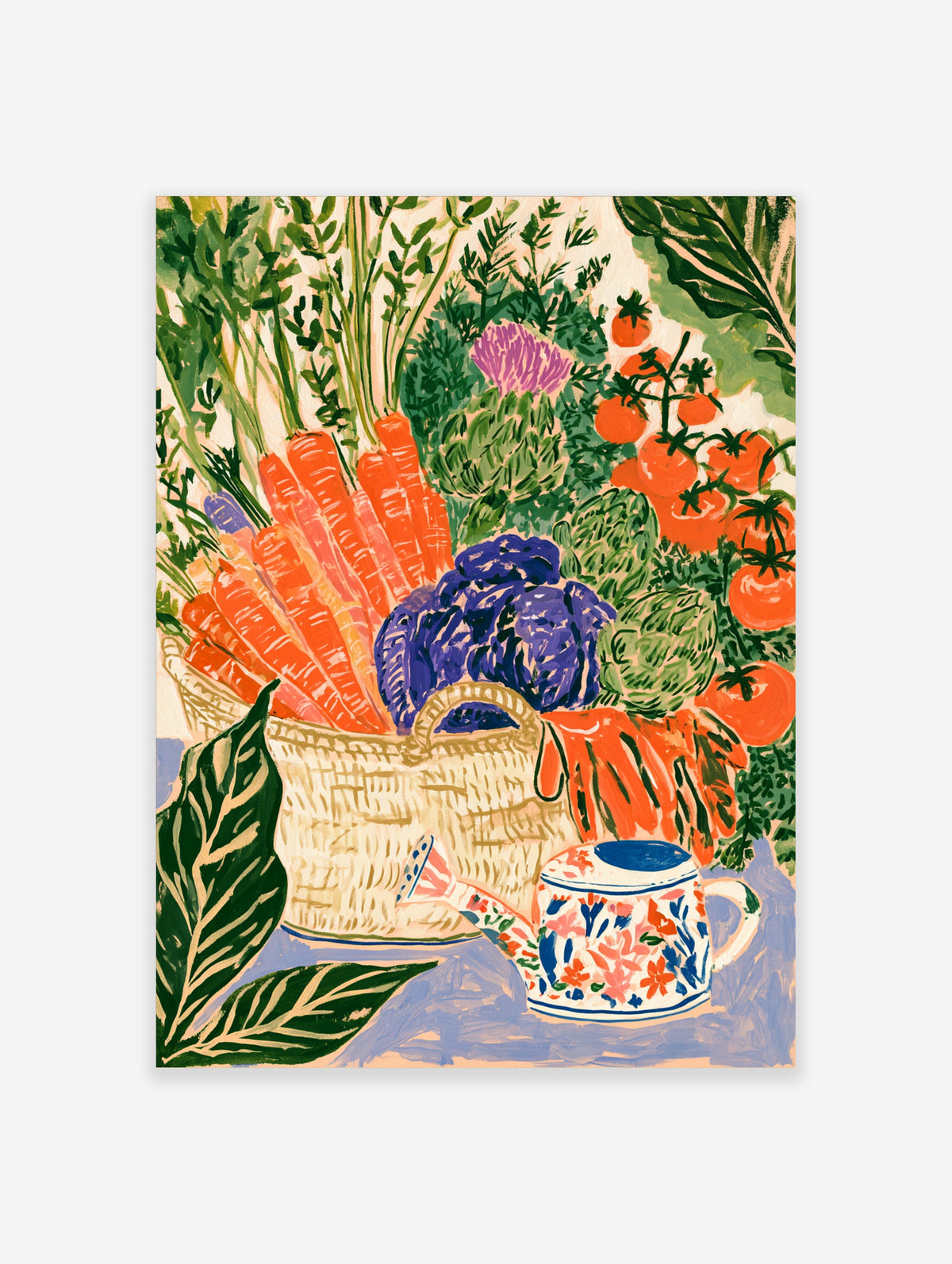 Colourful vegetable harvest art print with carrots, purple cabbage, tomatoes and a floral watering can in a basket