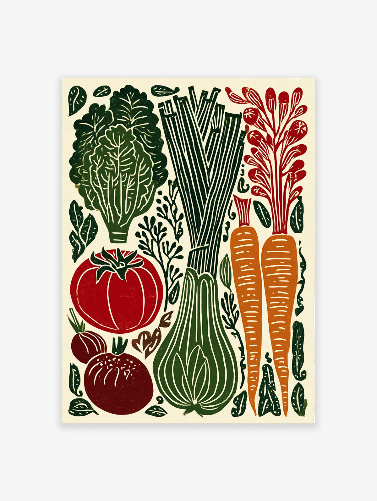 Vegetable garden linocut poster featuring green lettuce, leeks, red tomato, orange carrots, and dark onions on a cream background.