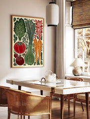 Vegetable garden linocut poster featuring green lettuce, leeks, red tomato, orange carrots, and dark onions on a cream background. - Image 2