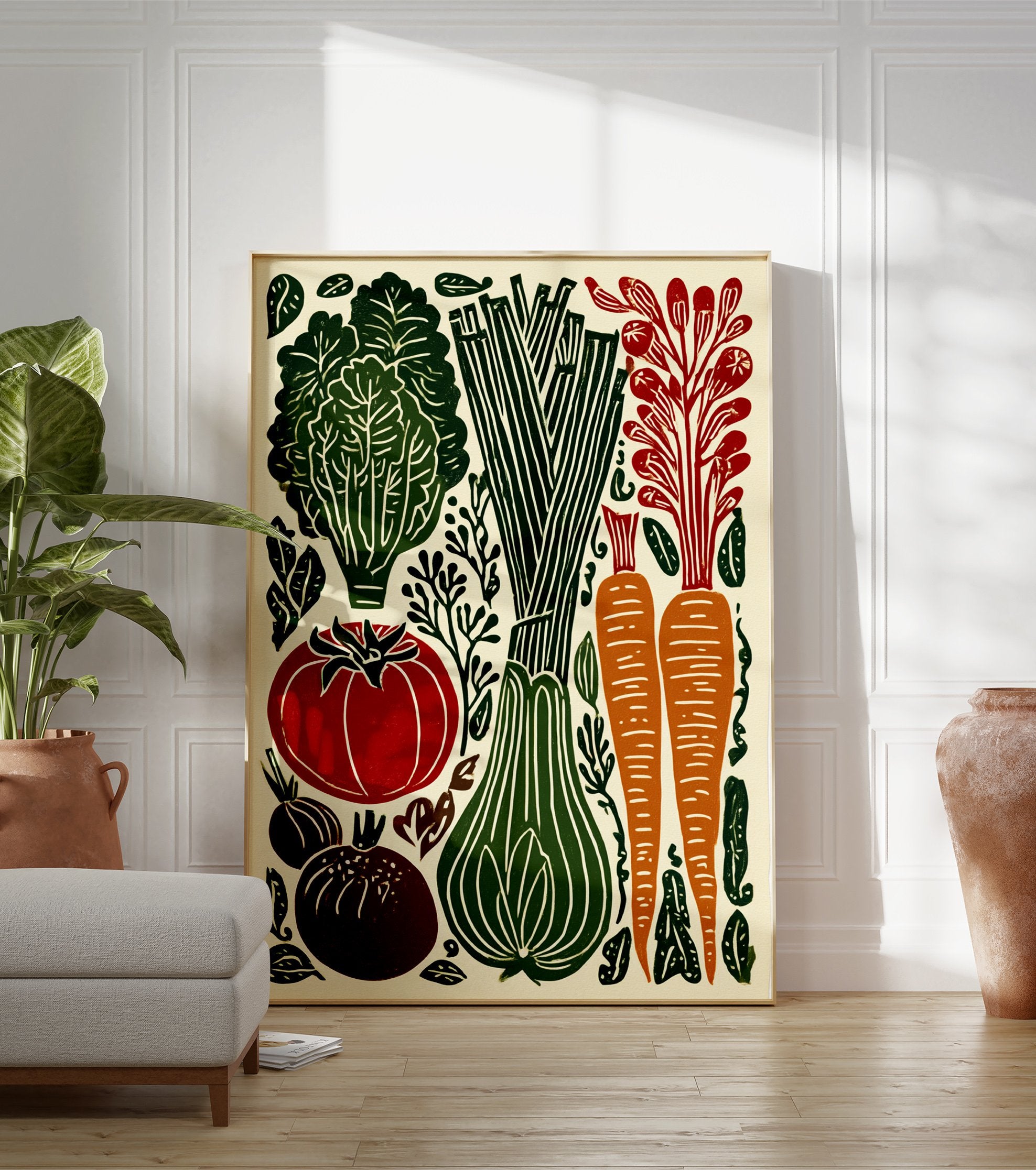 Vegetable garden linocut poster featuring green lettuce, leeks, red tomato, orange carrots, and dark onions on a cream background. - Image 3