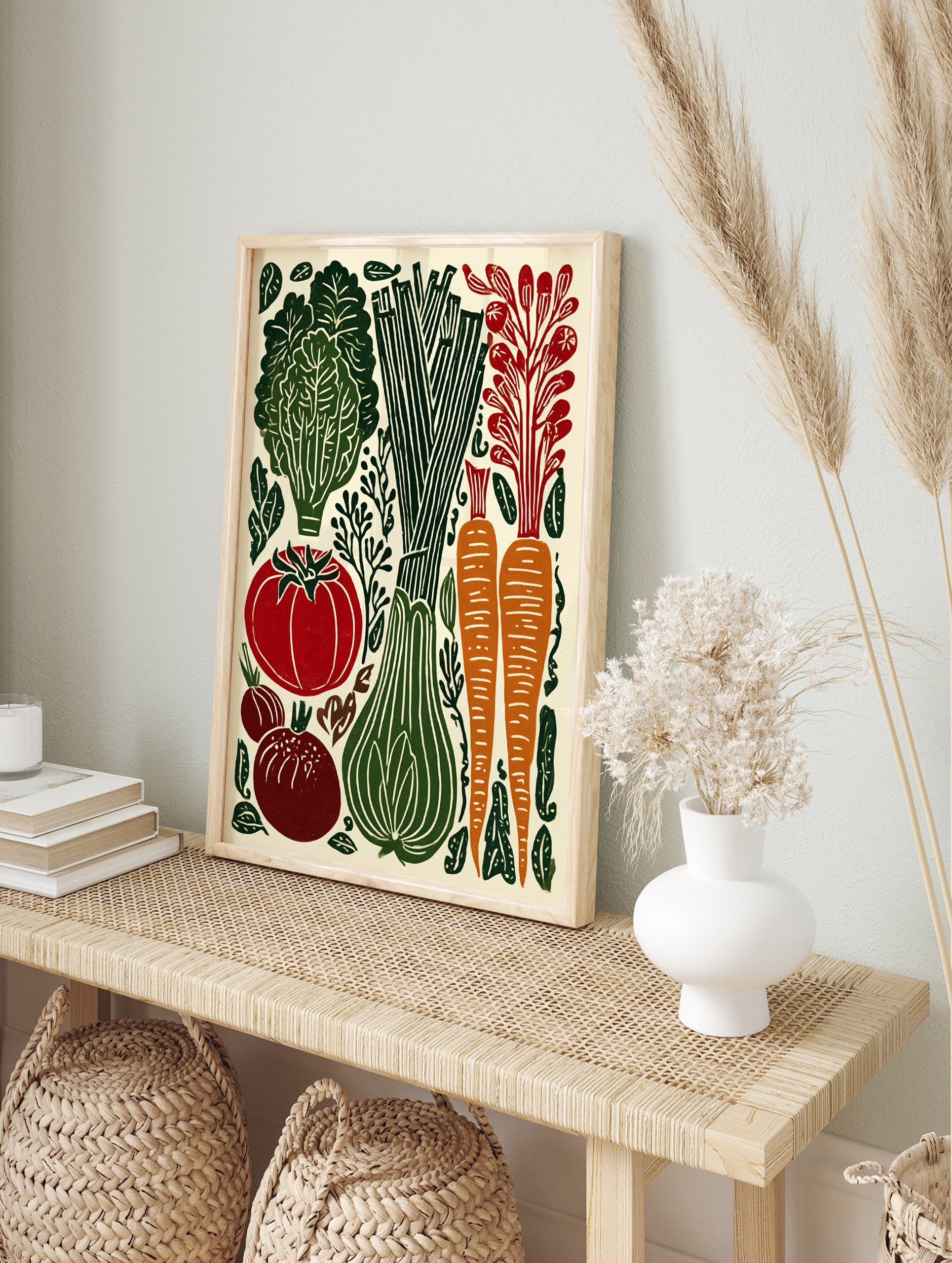 Vegetable garden linocut poster featuring green lettuce, leeks, red tomato, orange carrots, and dark onions on a cream background. - Image 4