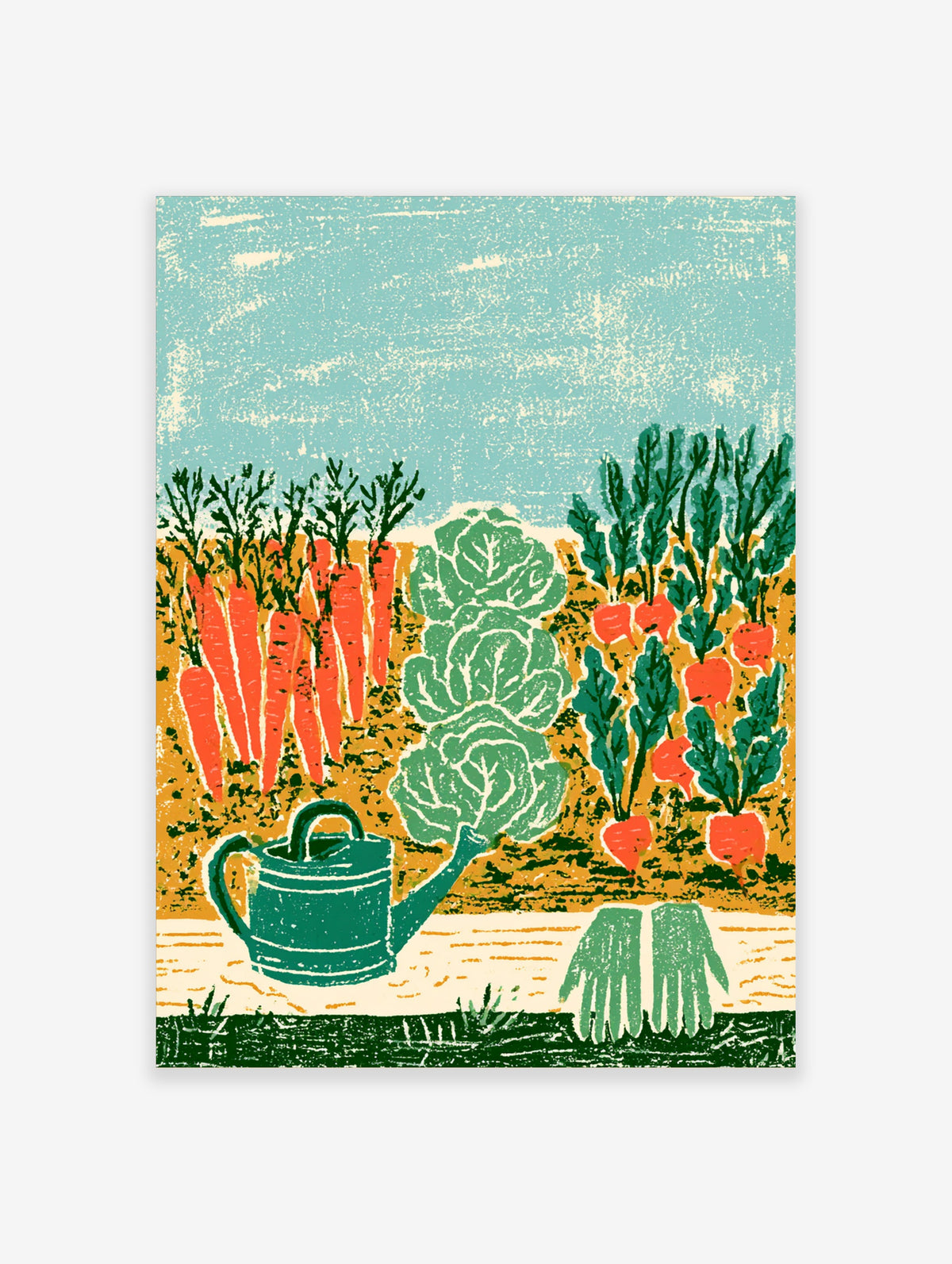 Vegetable garden poster with carrots, cabbage, radishes, watering can and gloves on brown soil