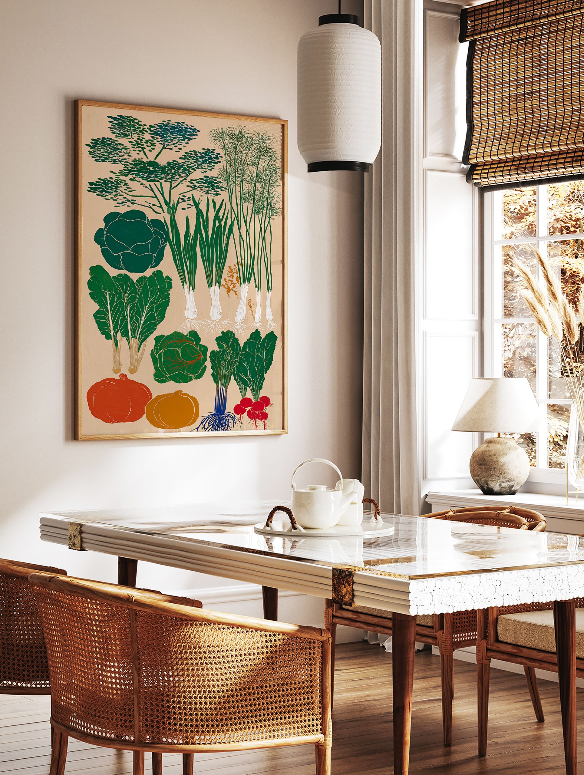 Vegetable garden poster featuring various green plants, orange pumpkins, and red radishes on a light background. - Image 2
