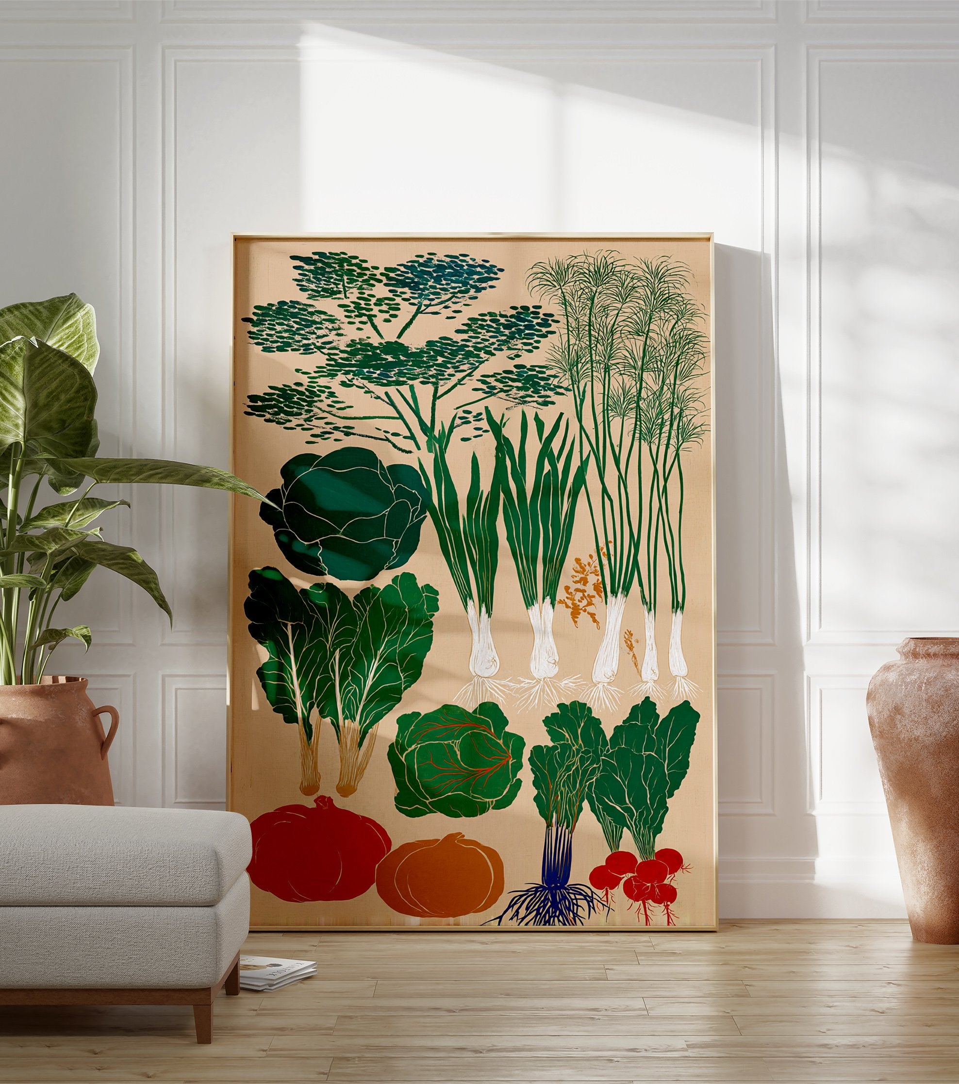 Vegetable garden poster featuring various green plants, orange pumpkins, and red radishes on a light background. - Image 3