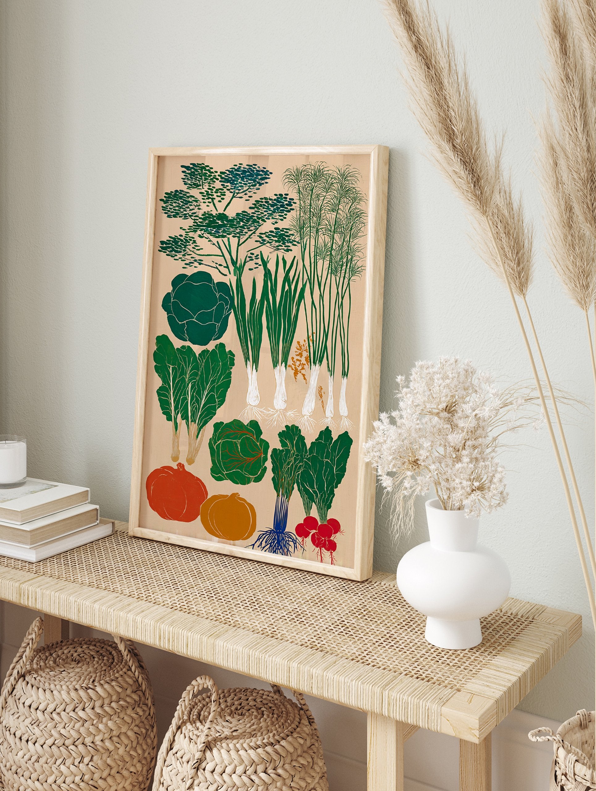 Vegetable garden poster featuring various green plants, orange pumpkins, and red radishes on a light background. - Image 4