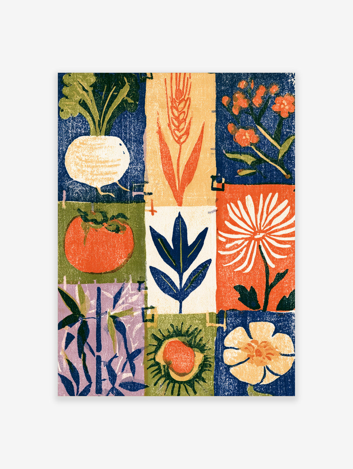Colourful vegetable garden poster with beetroot, tomato, wheat and flowers in a block print grid
