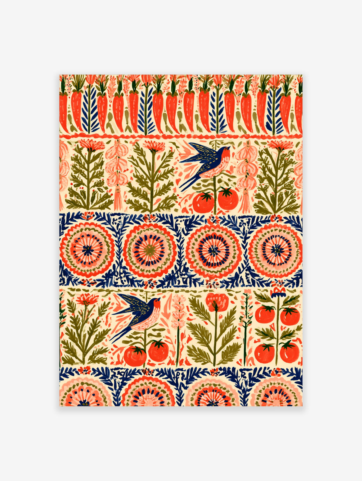 Colourful vegetable garden poster with carrots, tomatoes, swallows, and floral medallions on cream background