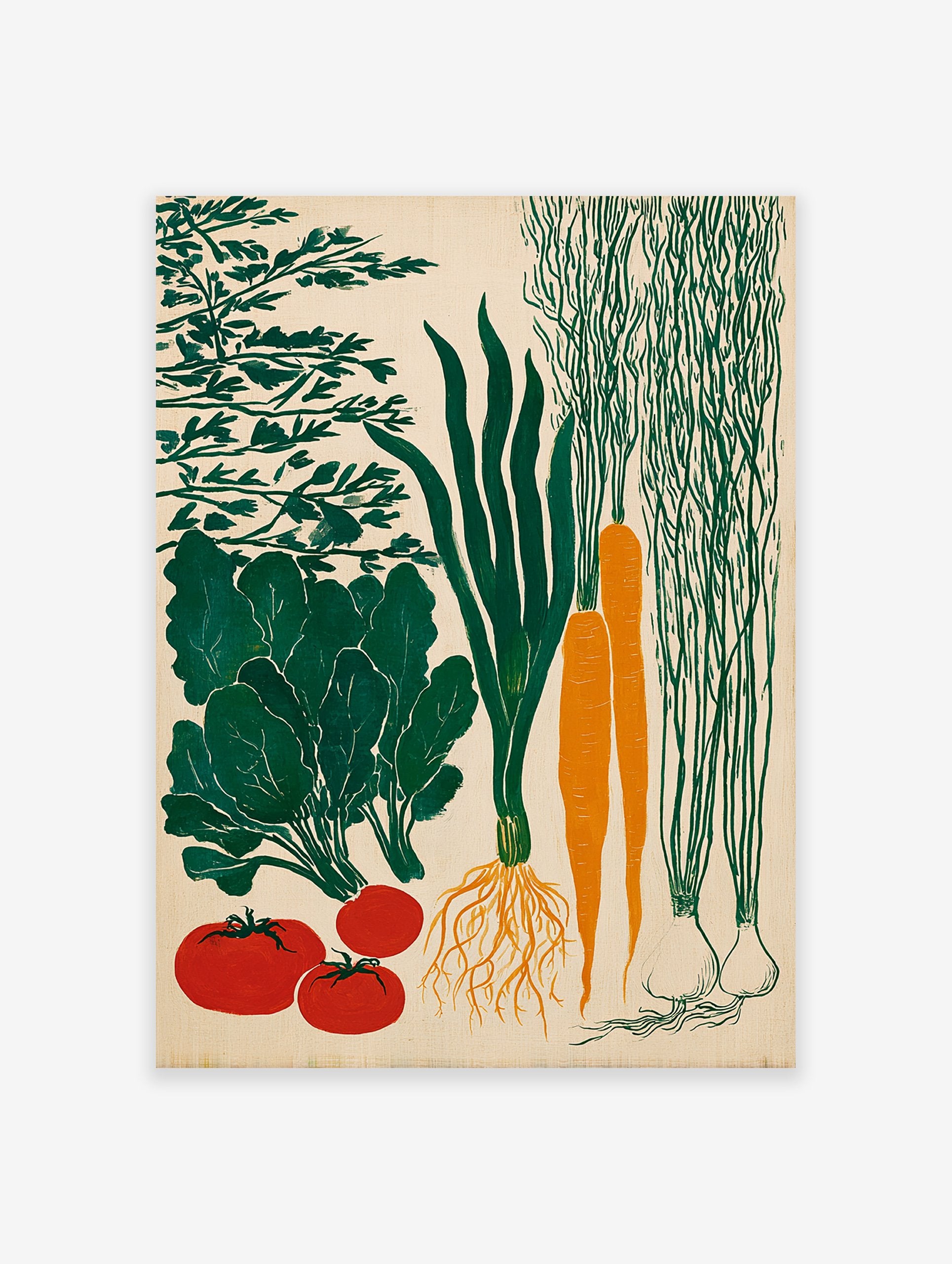Poster of a vegetable garden harvest illustration featuring carrots, leafy greens, tomatoes, green onions, and garlic on a beige background.