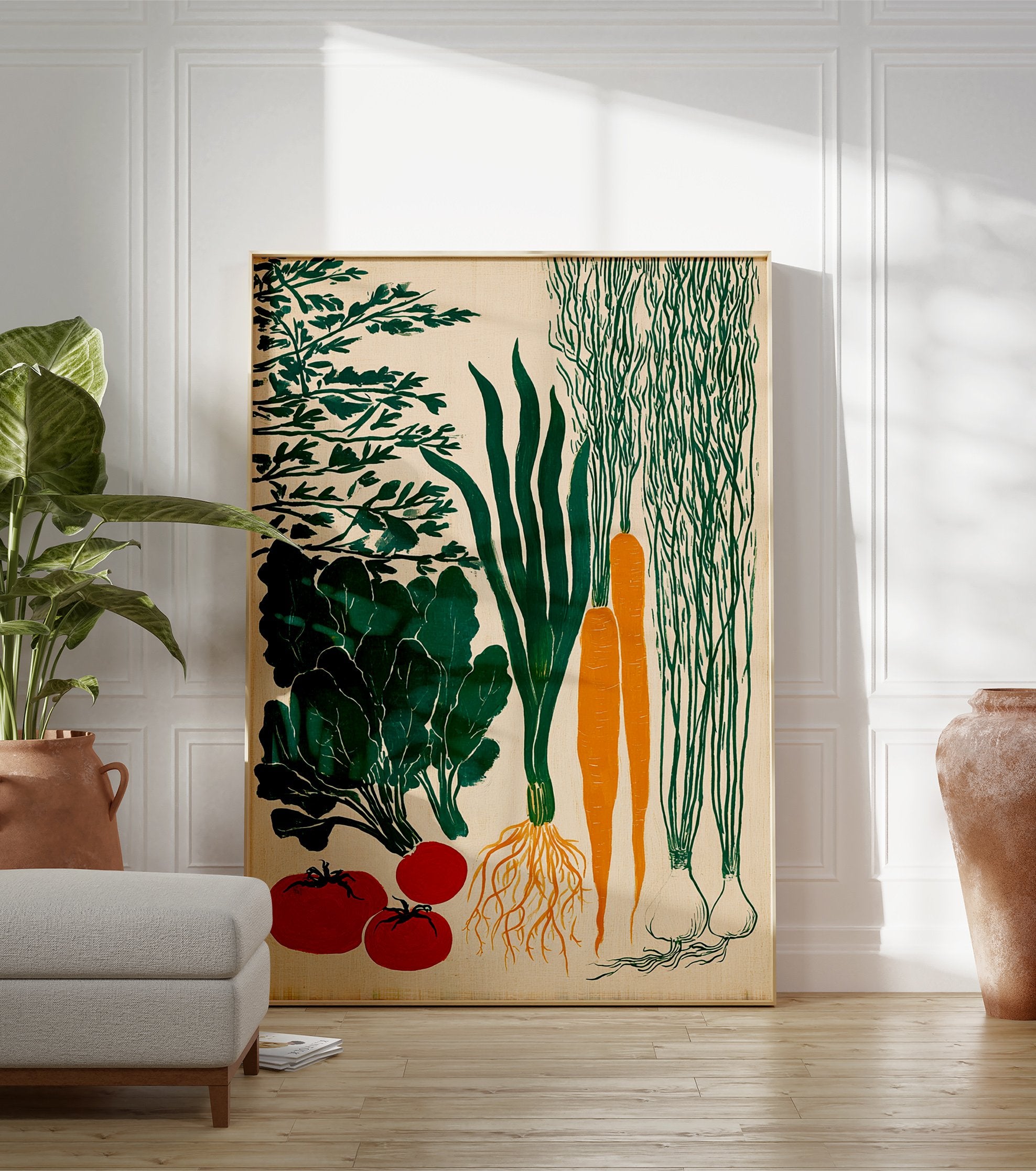 Poster of a vegetable garden harvest illustration featuring carrots, leafy greens, tomatoes, green onions, and garlic on a beige background. - Image 3