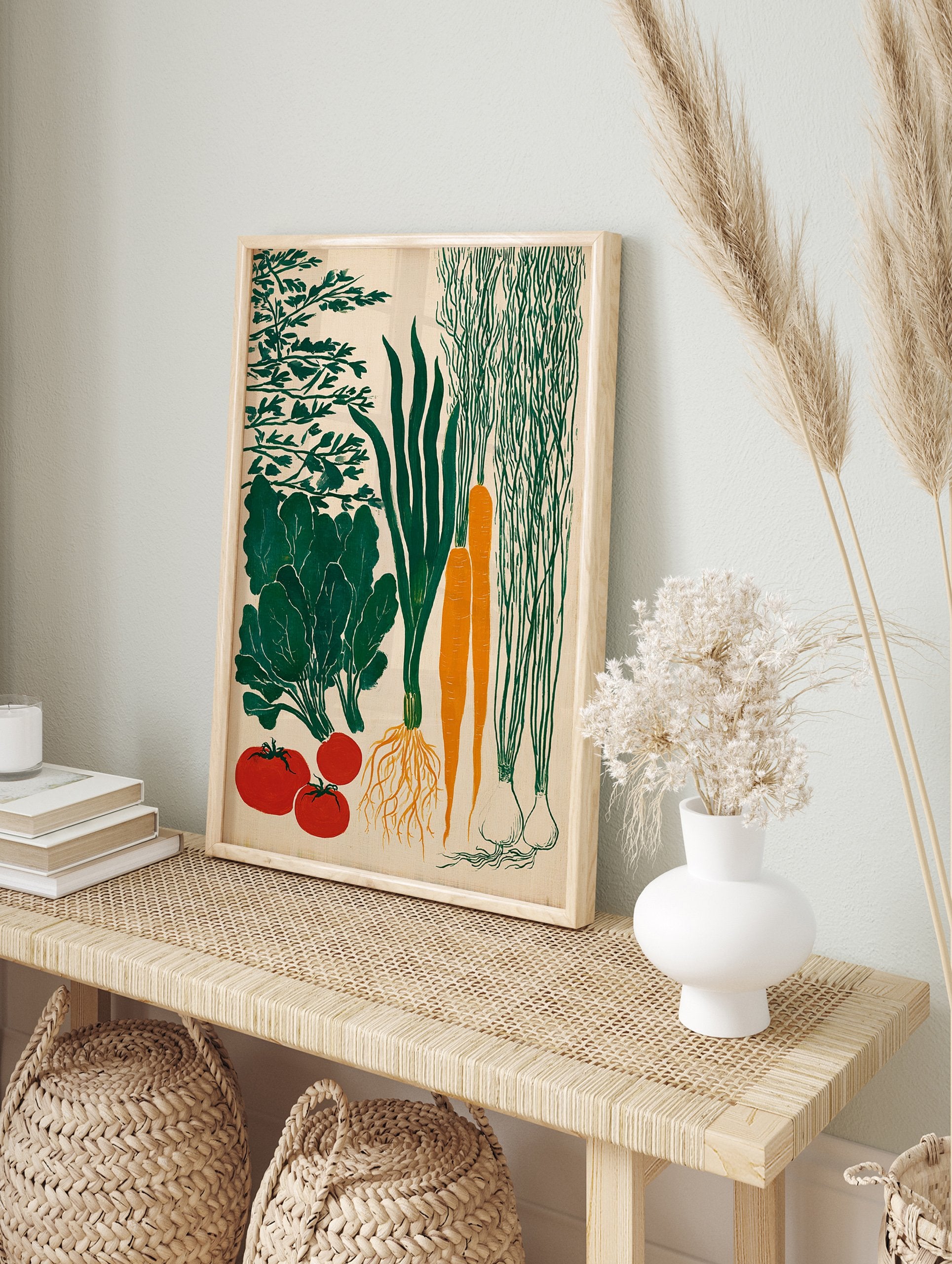 Poster of a vegetable garden harvest illustration featuring carrots, leafy greens, tomatoes, green onions, and garlic on a beige background. - Image 4