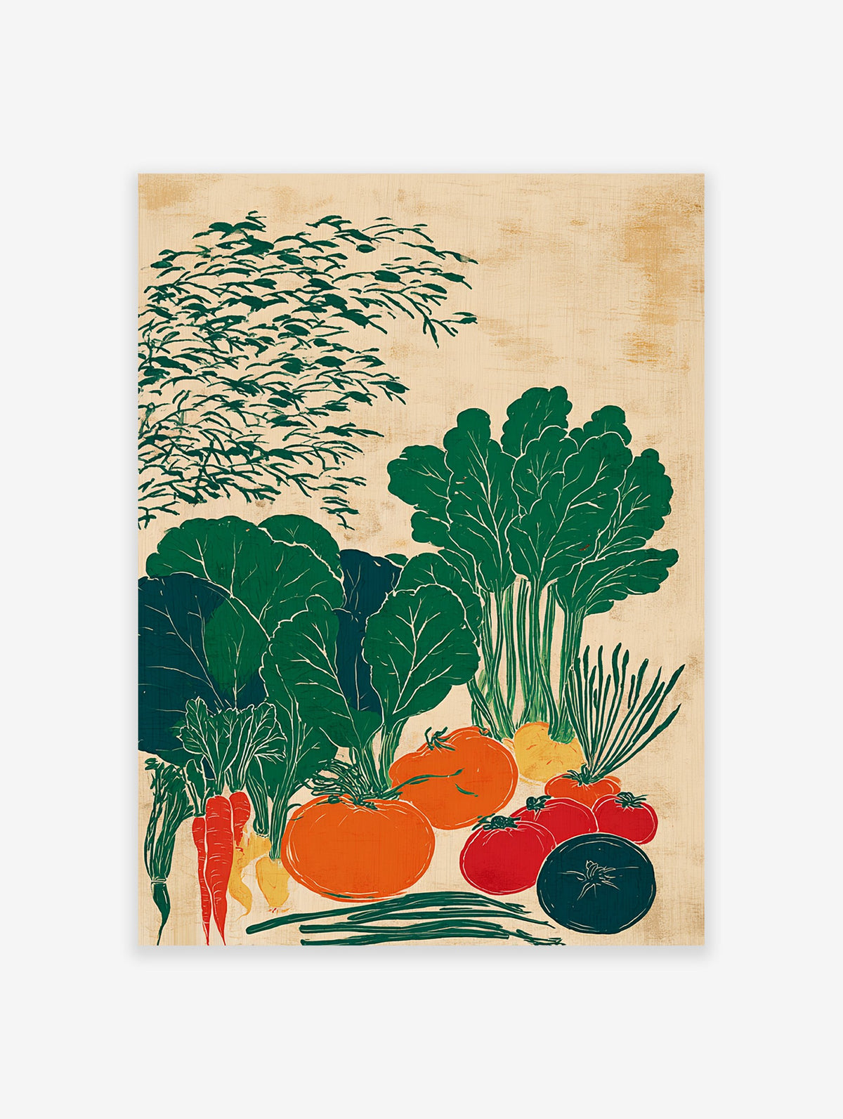 Vegetable garden poster featuring stylized green, orange, and red produce like tomatoes, carrots, and leafy greens on a textured background.