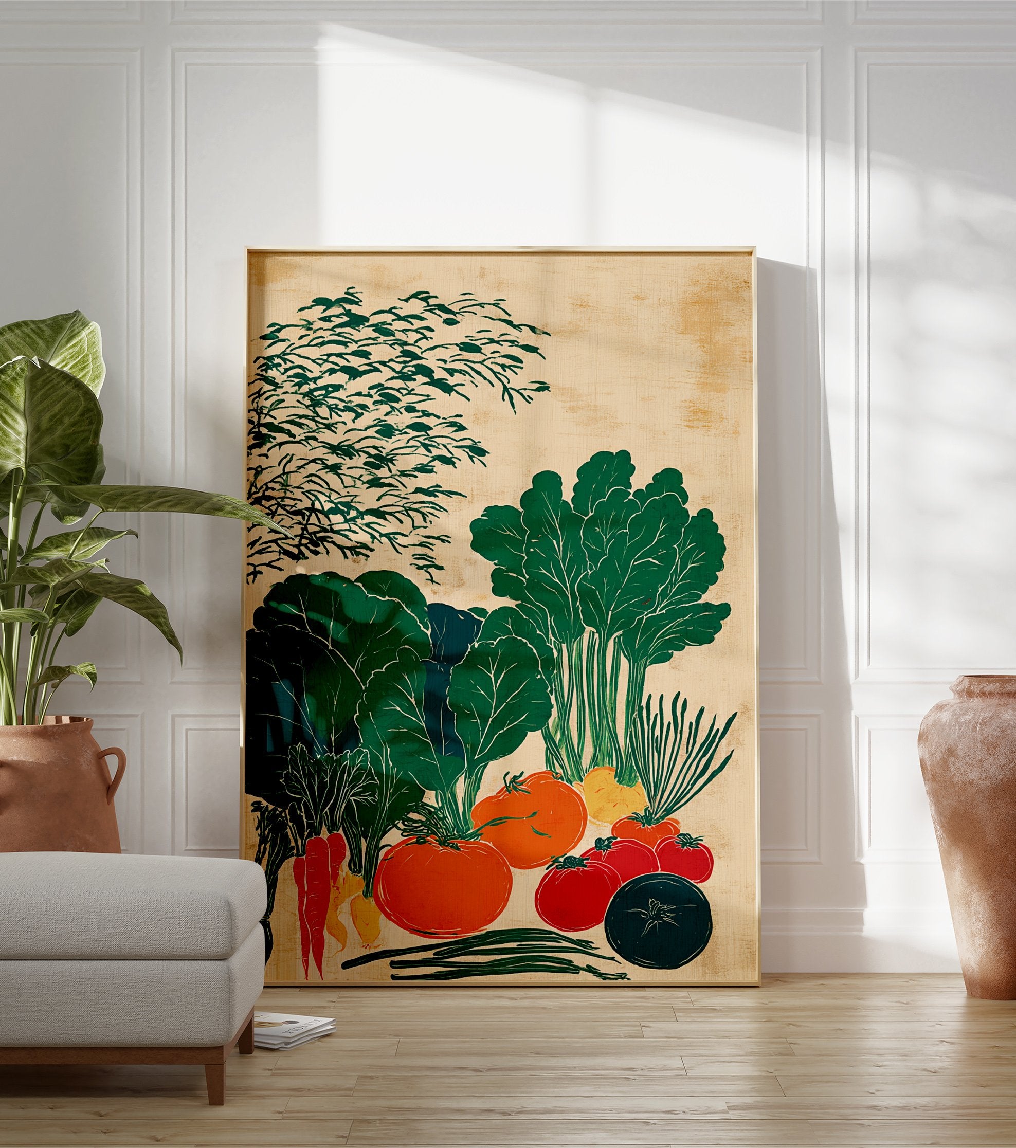 Vegetable garden poster featuring stylized green, orange, and red produce like tomatoes, carrots, and leafy greens on a textured background. - Image 3