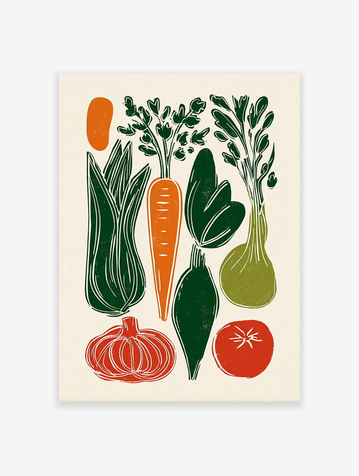 Illustrated vegetable poster featuring green leek, orange carrot, red tomato, green onion, and other vegetables in a block print style.