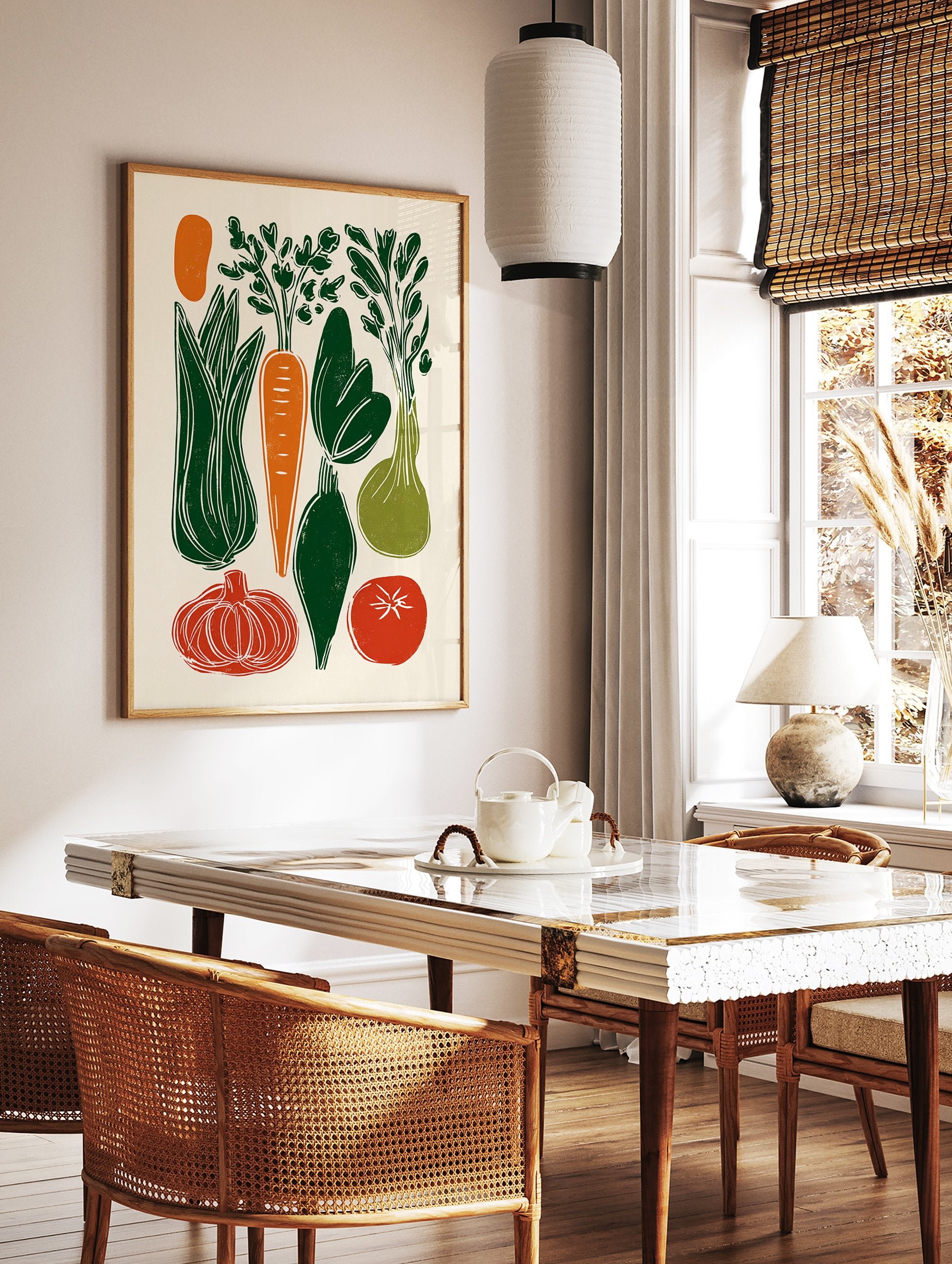 Illustrated vegetable poster featuring green leek, orange carrot, red tomato, green onion, and other vegetables in a block print style. - Image 2