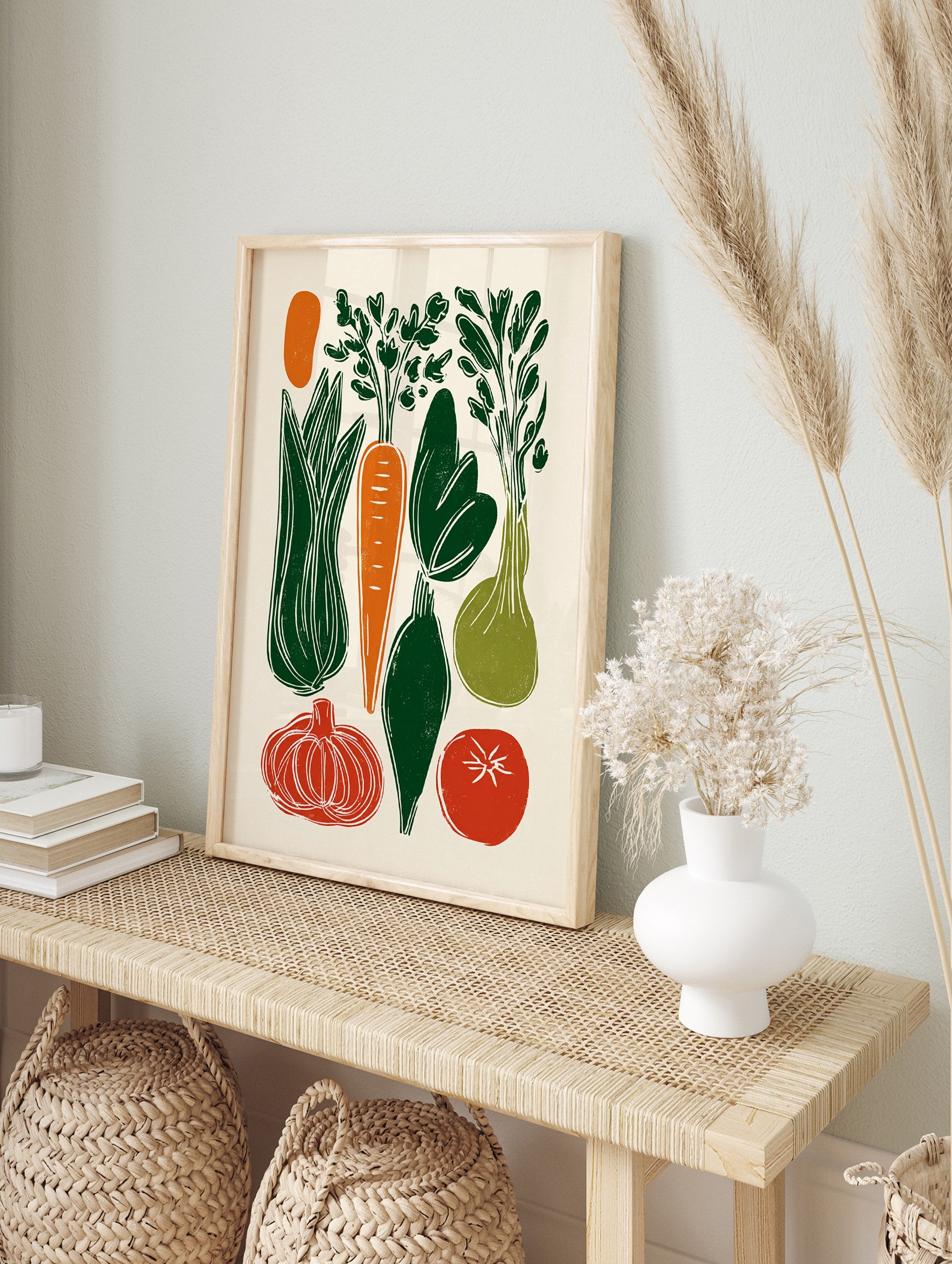 Illustrated vegetable poster featuring green leek, orange carrot, red tomato, green onion, and other vegetables in a block print style. - Image 4