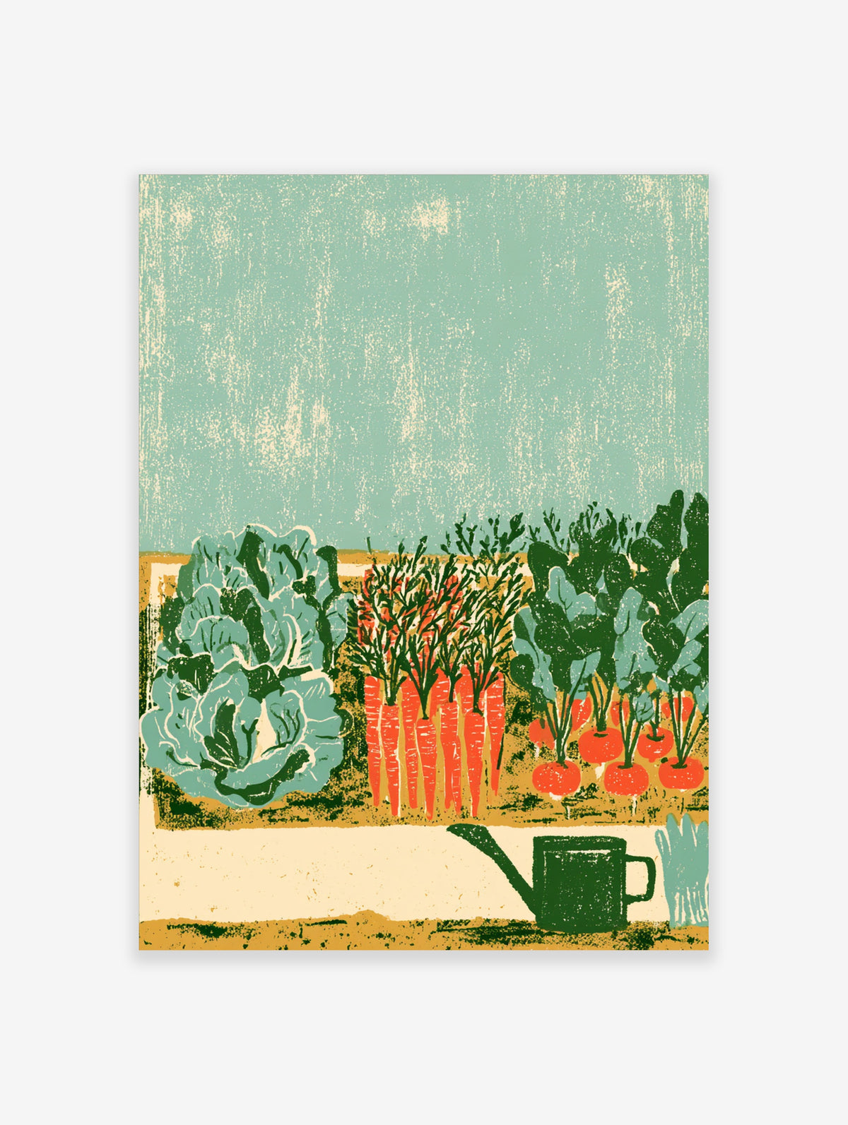 Vegetable garden poster with cabbage, carrots, beetroot and watering can in green, orange and teal