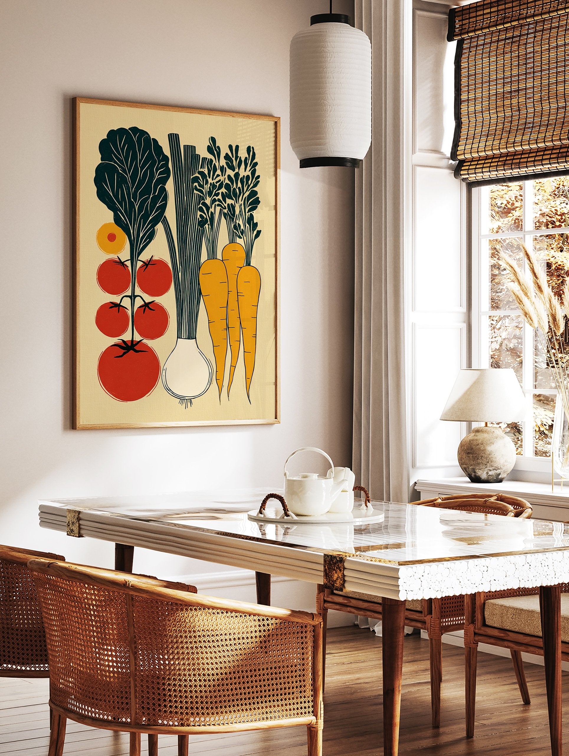A vegetable garden poster featuring a vintage illustration of tomatoes, lettuce, carrots, and an onion in a light wood frame.