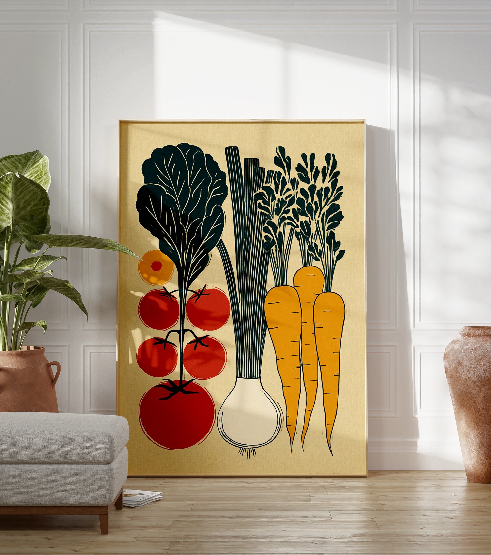 A vegetable garden poster featuring a vintage illustration of tomatoes, lettuce, carrots, and an onion in a light wood frame. - Image 2