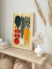 A vegetable garden poster featuring a vintage illustration of tomatoes, lettuce, carrots, and an onion in a light wood frame. - Image 3