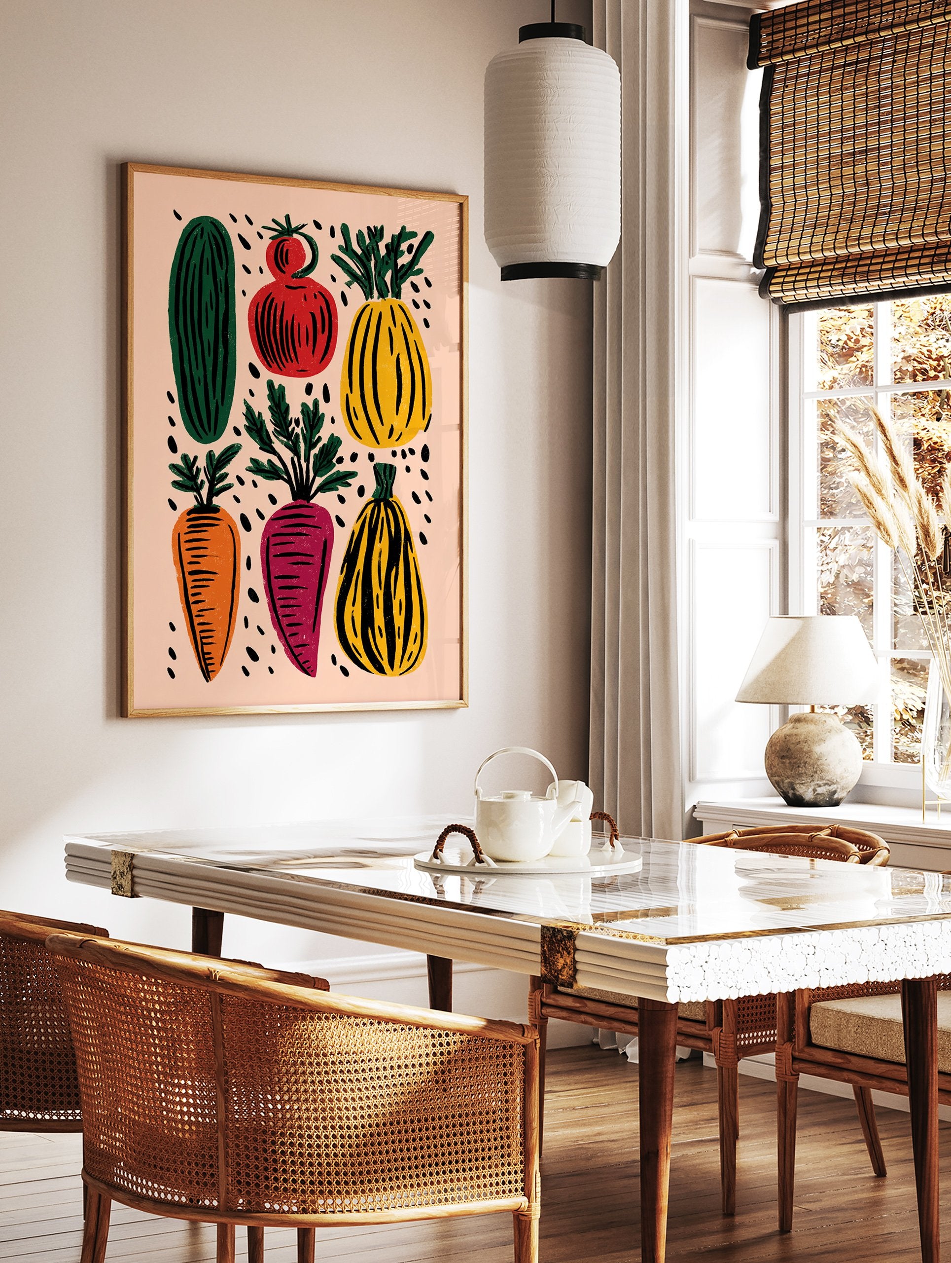 Colorful vegetable garden poster featuring illustrated cucumber, tomato, squash, carrot, and beet on a peach background with black speckles. - Image 2