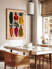 Colorful vegetable garden poster featuring illustrated cucumber, tomato, squash, carrot, and beet on a peach background with black speckles. - Image 2